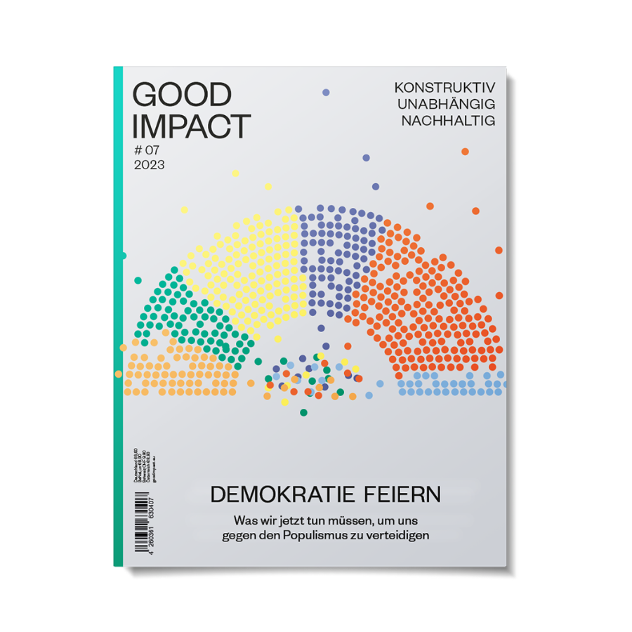 Cover of Good Impact magazine #07, 2023, featuring the theme 'Demokratie feiern' with vibrant dot design.