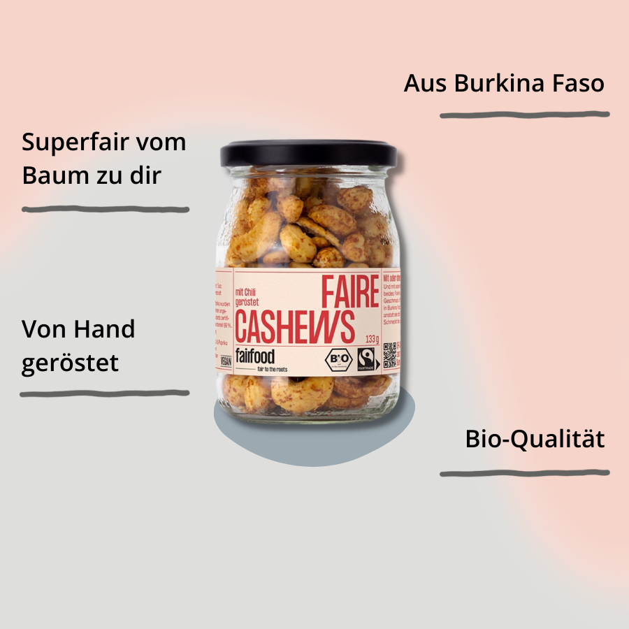 Faire Cashews – Chili & Paprika im Pfandglas von vorne mit Impact