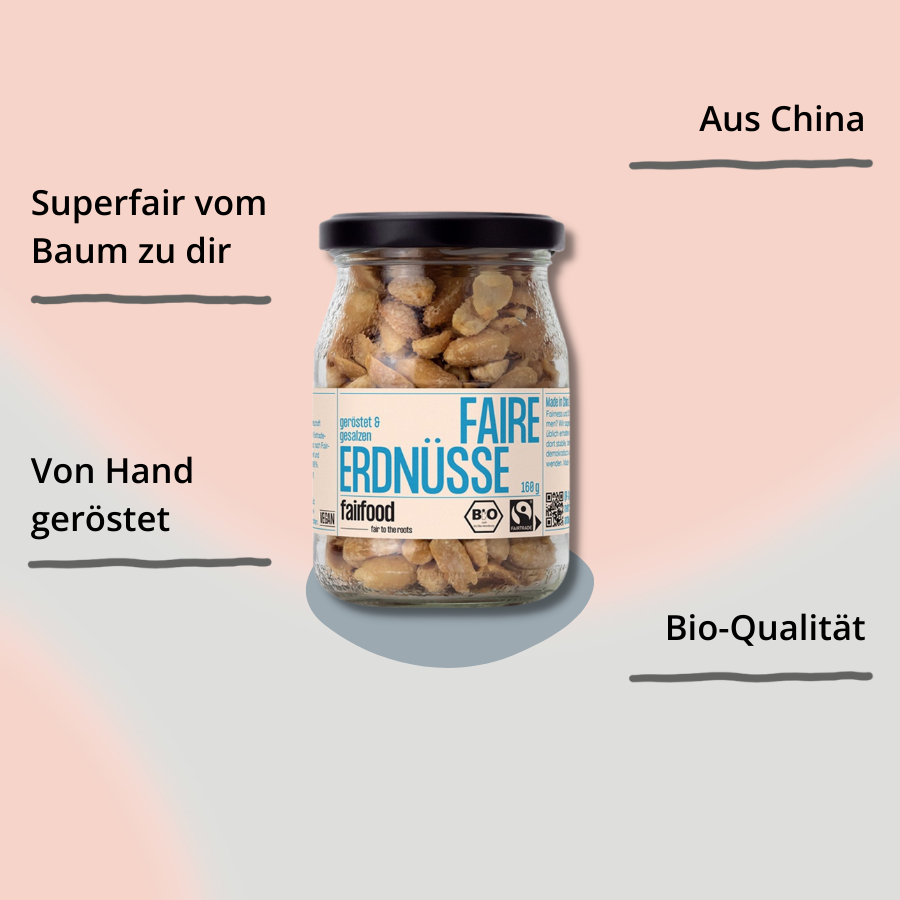 Faire Erdnüsse – gesalzen im Pfandglas von vorne mit Impact