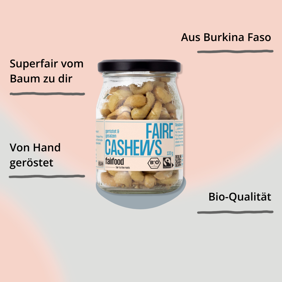 Gesalzene und geröstete Cashewkerne von fairfood im Pfandglas mit Impact