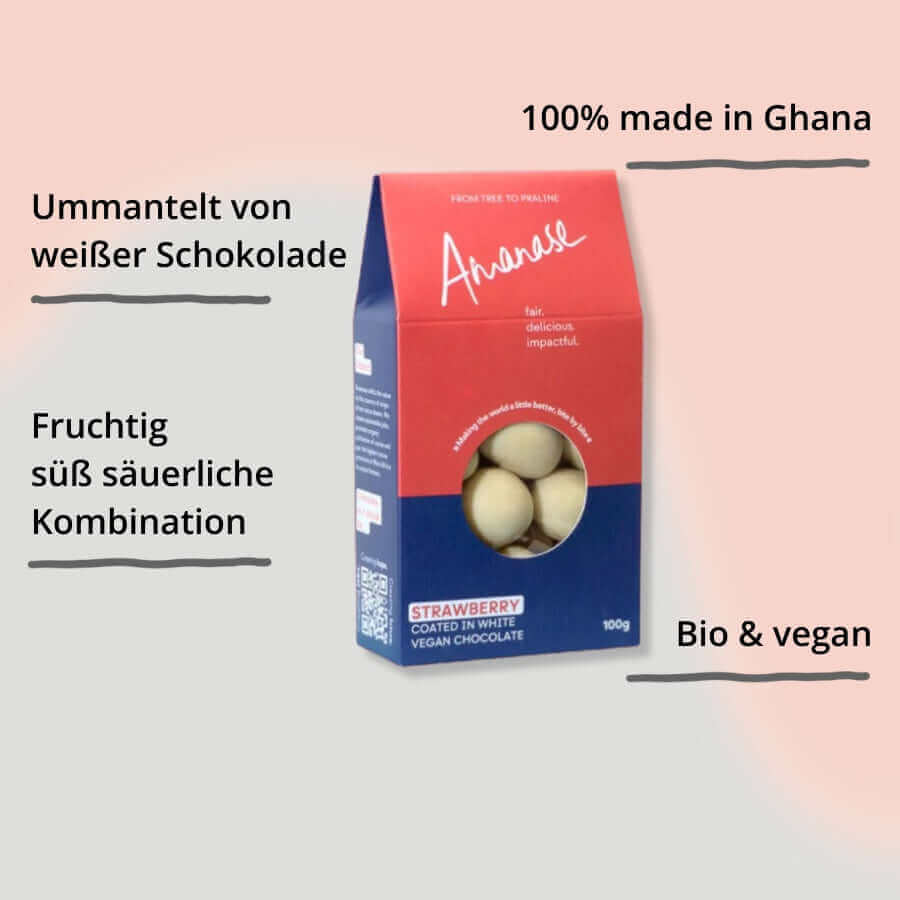 Erdbeeren in weißer veganer Schokolade von Amanase mit Impact