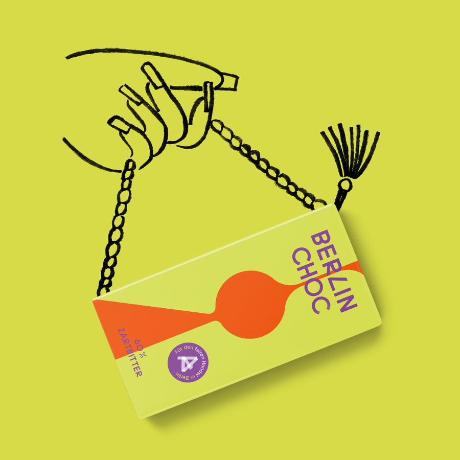 Berlin Choc – Zartbitterschokolade (60%) vom Aktionsbündnis Fairer Handel Berlin, Design Fernsehtrum mit Comic-Hintergrund