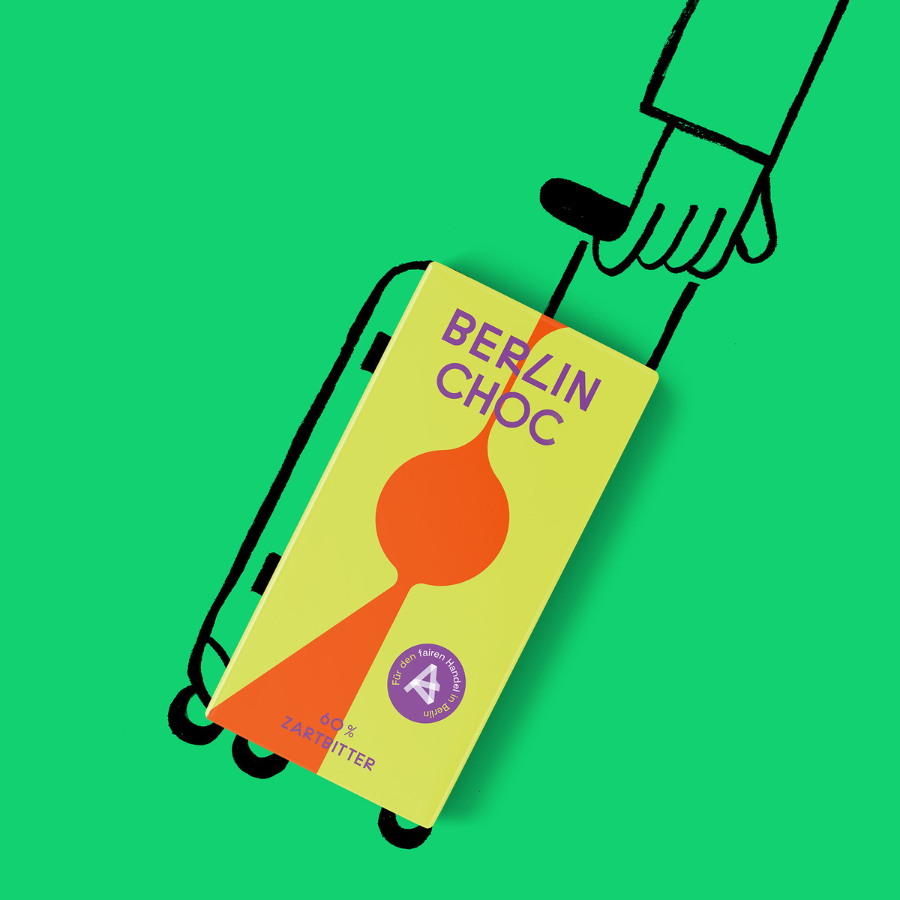 Berlin Choc – Zartbitterschokolade (60%) vom Aktionsbündnis Fairer Handel Berlin, Design Fernsehtrum mit Comic-Hintergrund