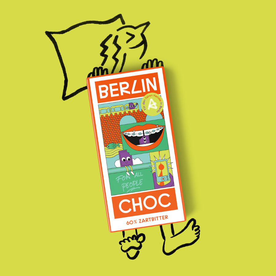 Berlin Choc – Zartbitterschokolade (60%) vom Aktionsbündnis Fairer Handel Berlin, Design Illustration mit Comic-Hintergrund