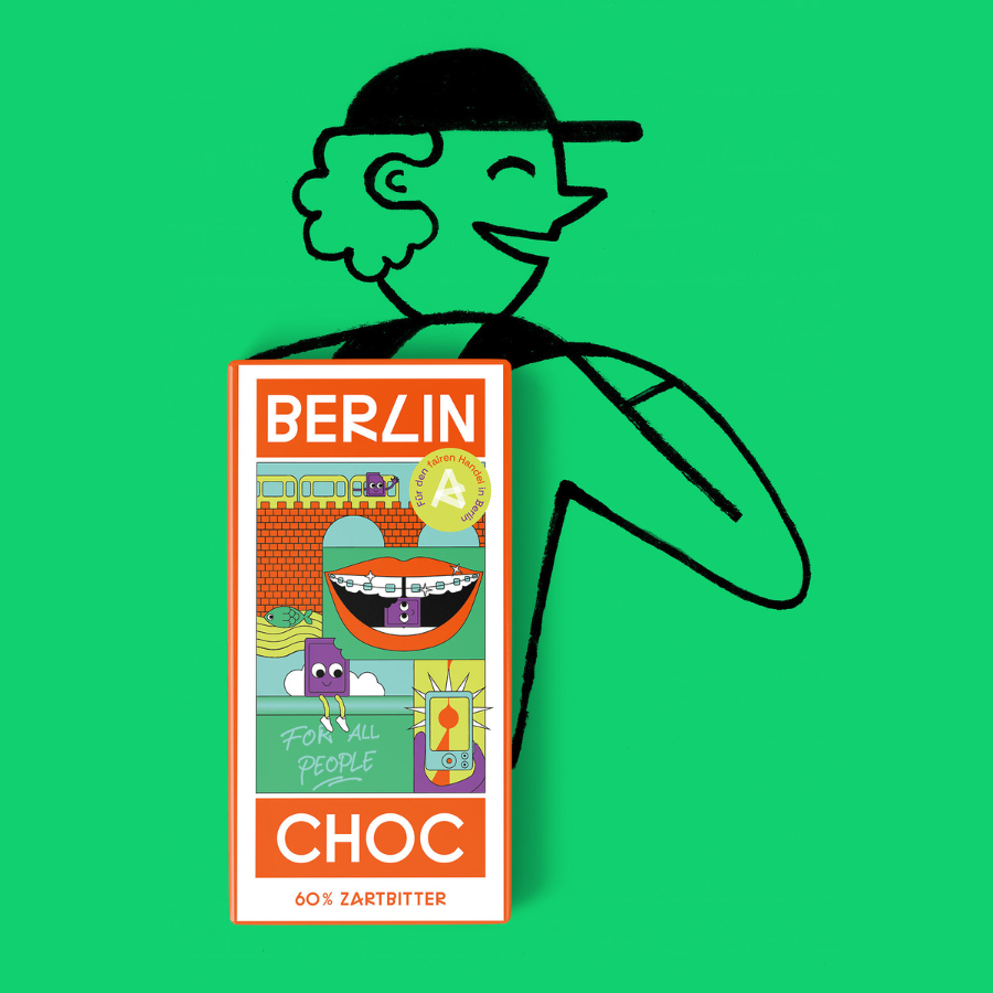 Berlin Choc – Zartbitterschokolade (60%) vom Aktionsbündnis Fairer Handel Berlin, Design Illustration mit Comic-Hintergrund
