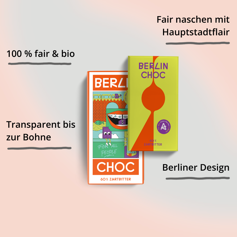 Berlin Choc – Zartbitterschokolade (60%) vom Aktionsbündnis Fairer Handel Berlin, Design Fernsehturm und Illustration mit Impact