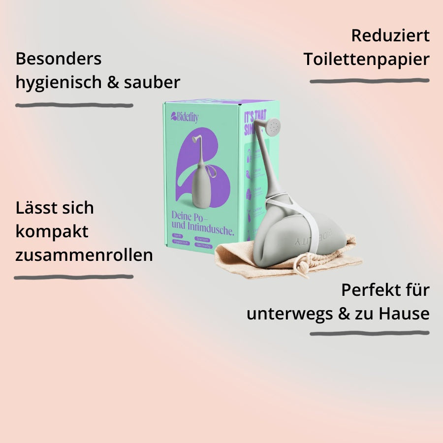 Po- und Intimdusche von Bidetlity – Gentle Grey mit Verpackung und Impact