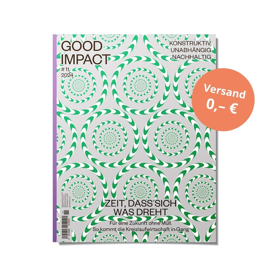 Cover of Good Impact magazine #11, featuring spiral pattern and text about sustainability and circular economy.
