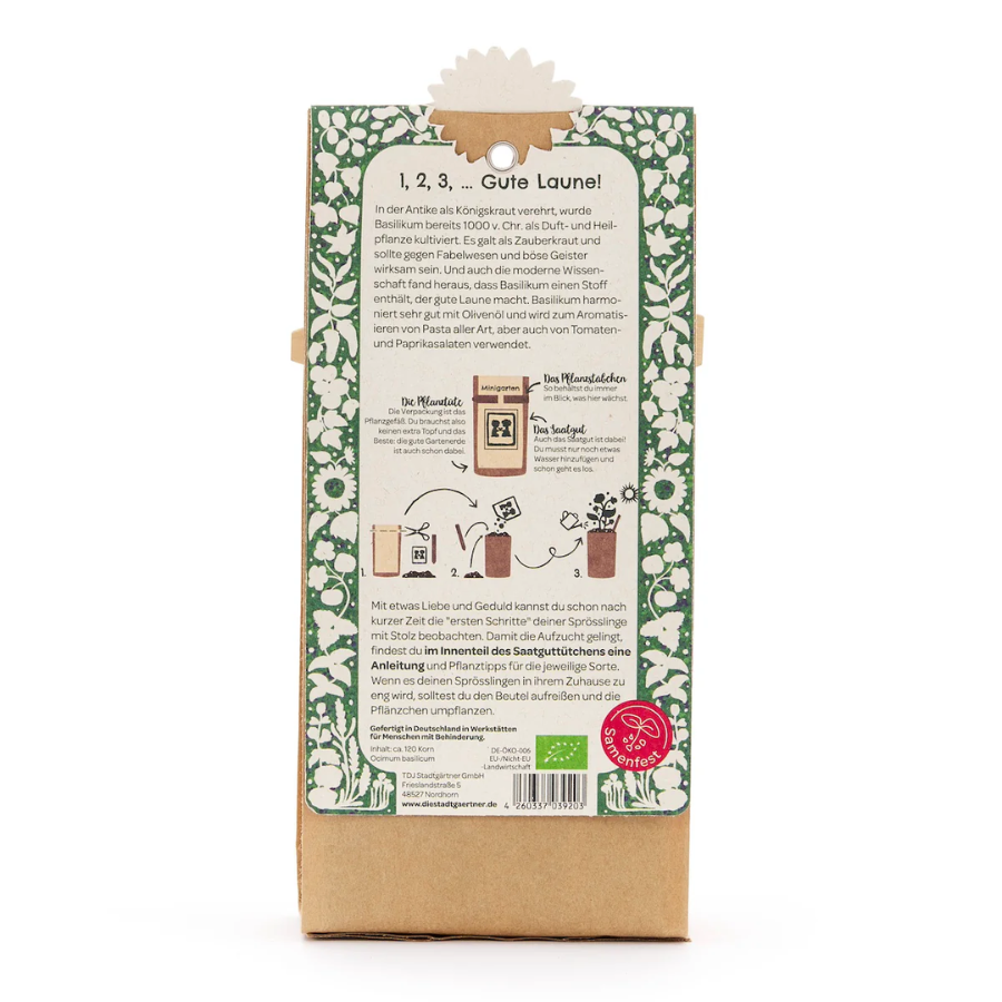 Minigarten – Pesto Basilikum von Die Stadtgärtner – Verpackung von hinten