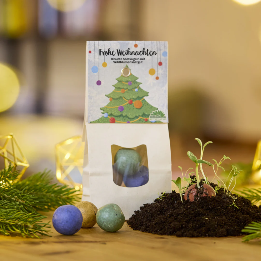 Weihnachtliche Blumenmurmeln von Die Stadtgärtner "Frohe Weihnachten" mit Pfänzchen