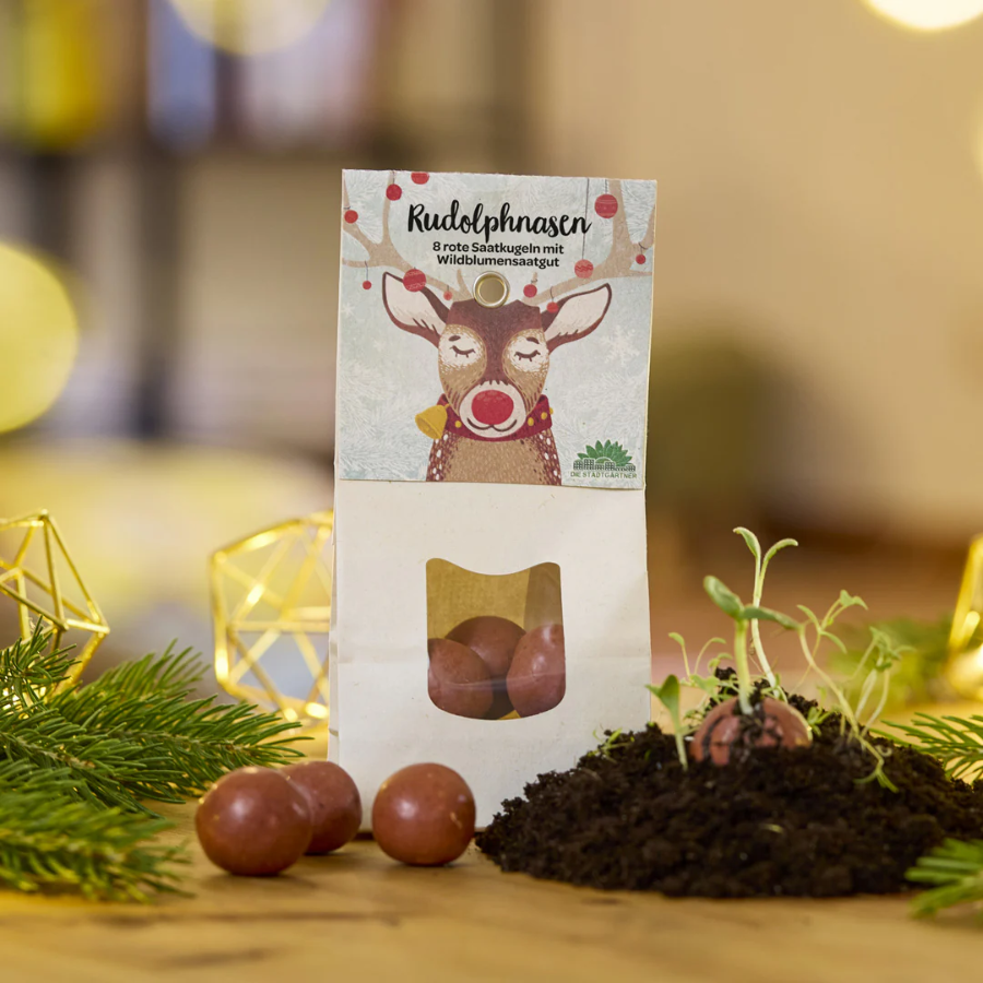 Weihnachtliche Blumenmurmeln von Die Stadtgärtner "Rudolphnasen" mit Pflänzchen