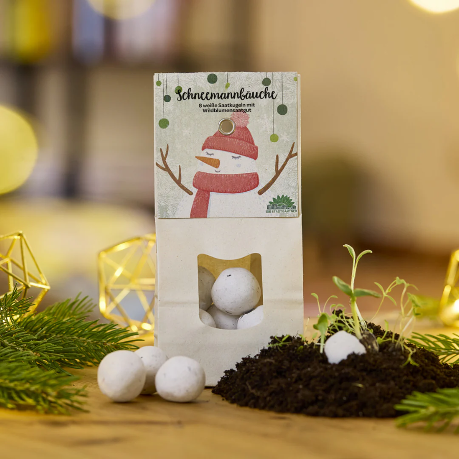 Weihnachtliche Blumenmurmeln von Die Stadtgärtner "Schneemannbäuche" mit Pflänzchen
