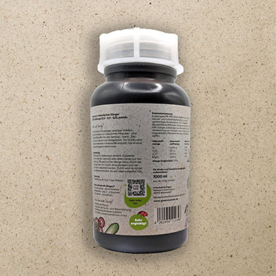 Dung von Green Mundo – 1 Liter Flasche von hinten mit Etikett