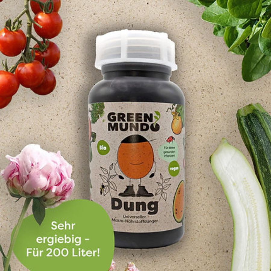 Dung von Green Mundo – 1 Liter Flasche mit Gemüse im Hintergrund