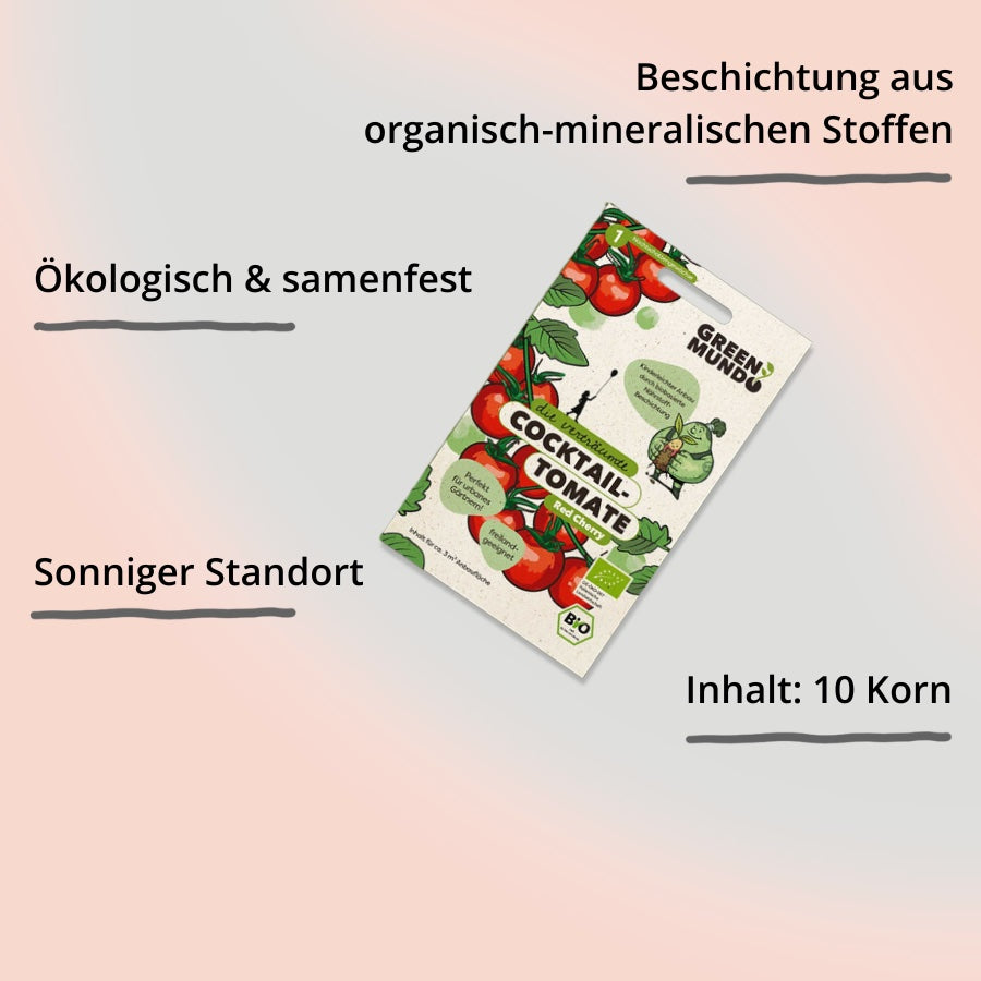 Saatgut Cocktailtomate Red Cherry von Green Mundo – Verpackung mit Impact