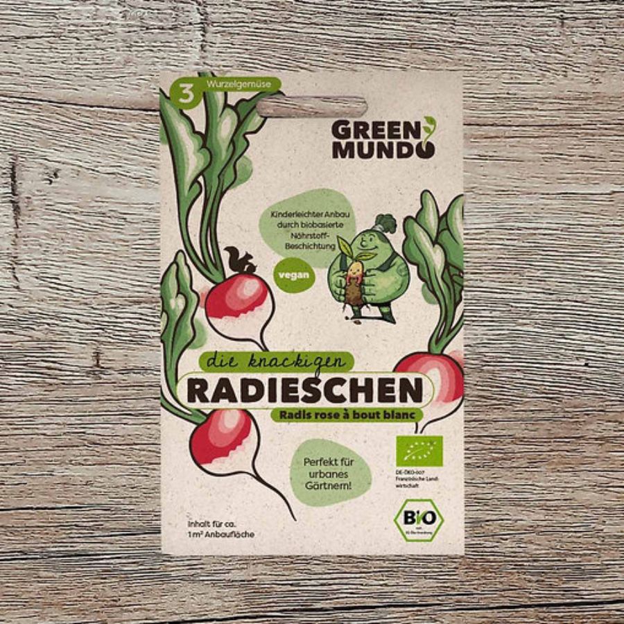 Saatgut Radieschen von Green Mundo vor dunklem Hintergrund