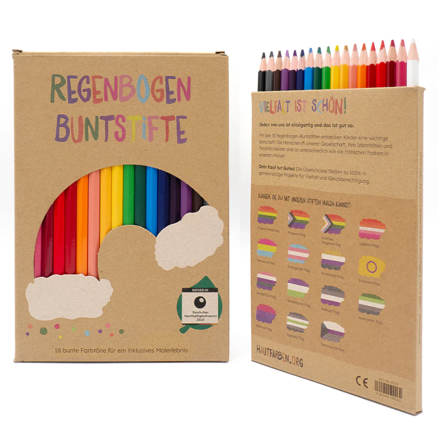 Regenbogen Buntstifte von Hautfarben – Verpackung von vorne und von der Seite