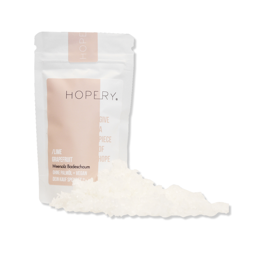 Meersalz Badeschaum – Lime Grapefruit von Hopery, Verpackung mit Häufchen