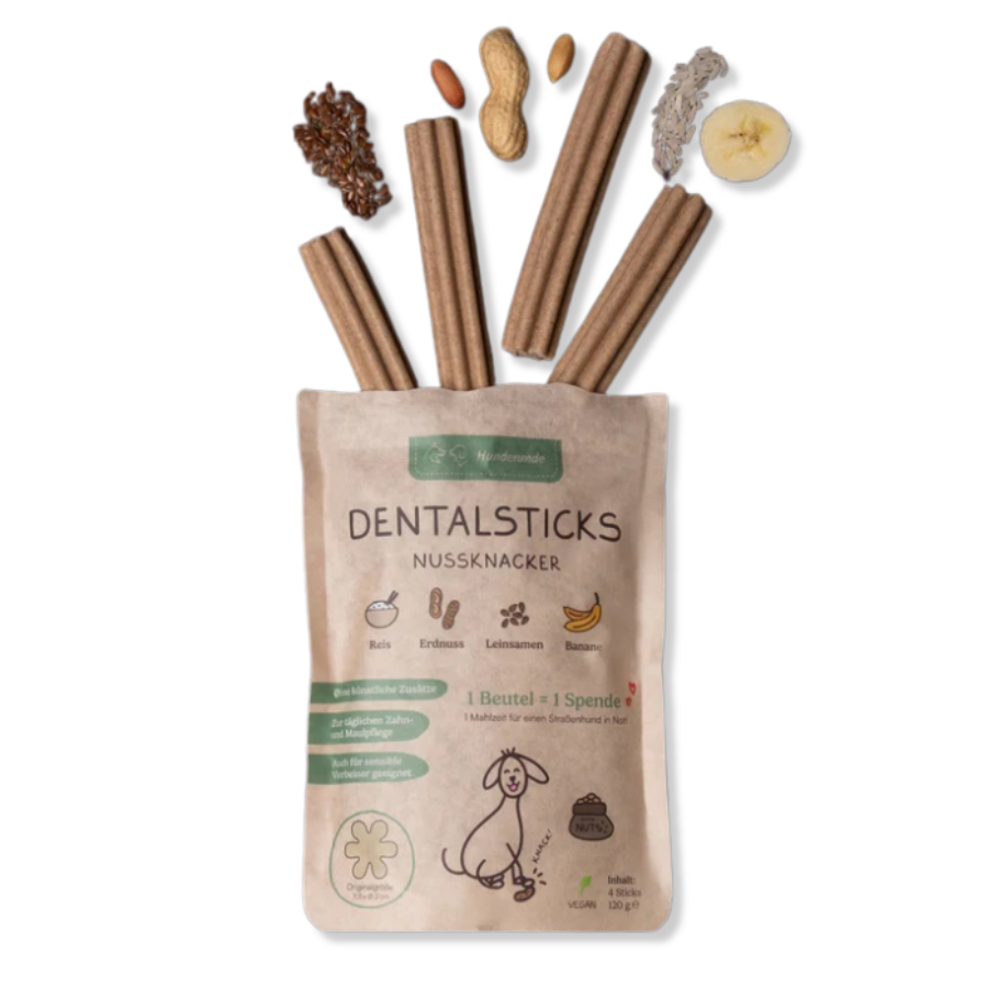 Dental Sticks – Nussknacker von Hunderunde – Verpackung mit Zutaten