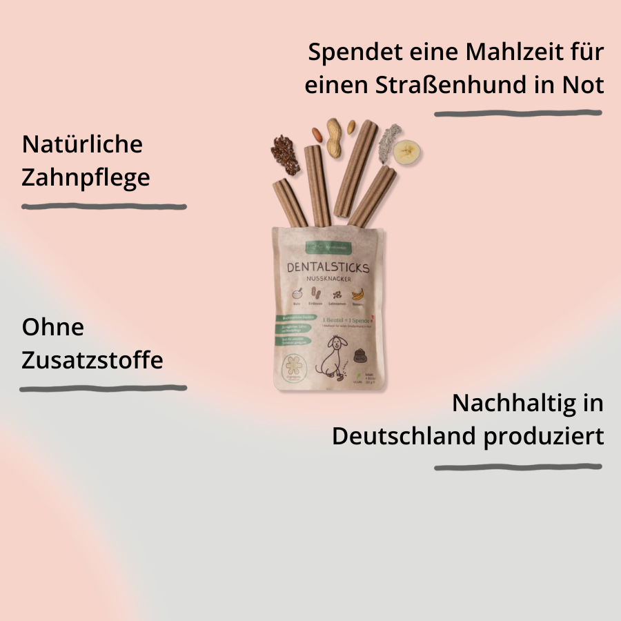 Dental Sticks – Nussknacker von Hunderunde – Verpackung mit Zutaten und Impact