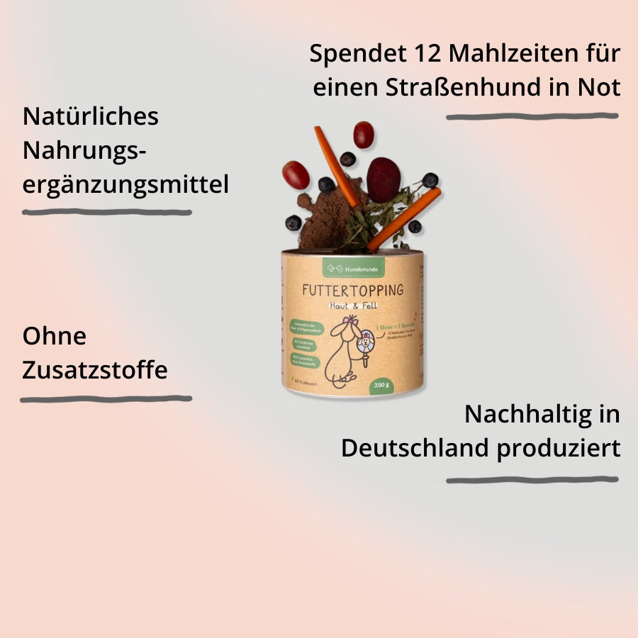 Futtertopping Haut & Fell von Hunderunde. Dose mit Zutaten und Impact