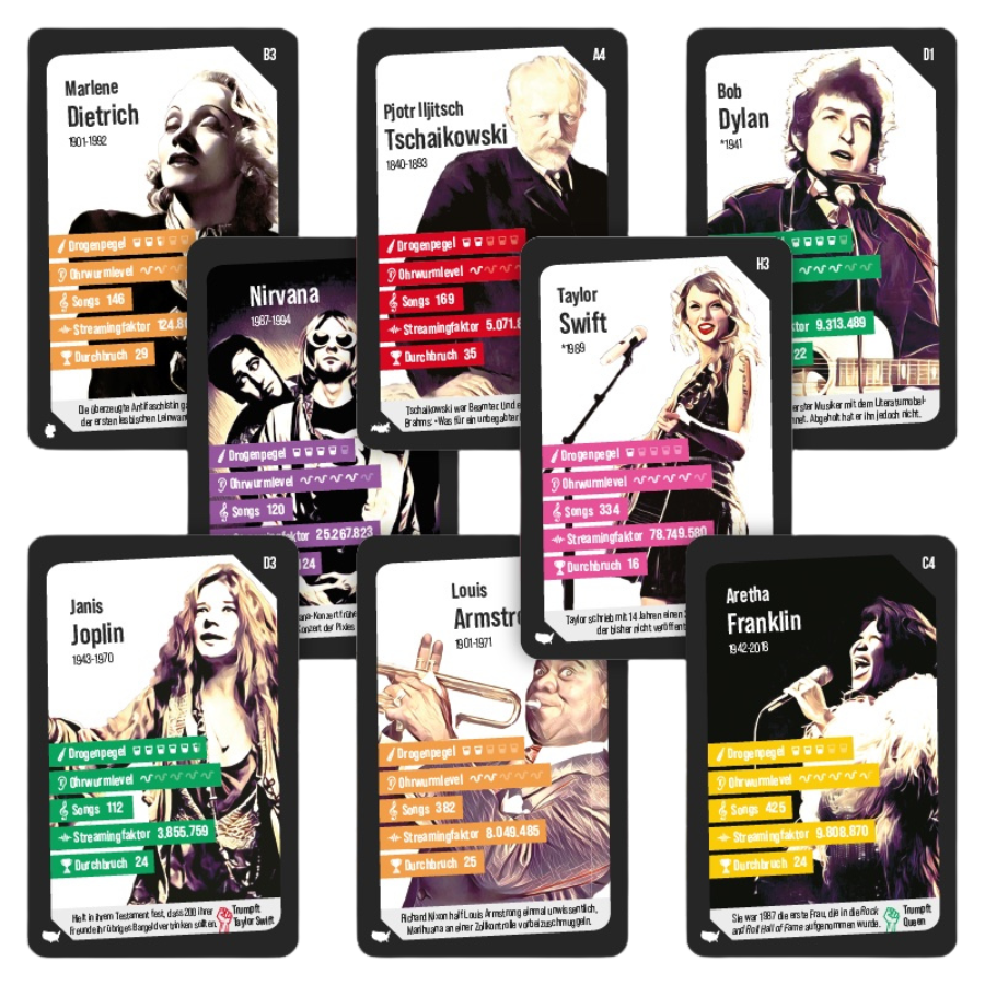 Musiklegenden-Quartett vom Katapult Verlag – Beispielkarten