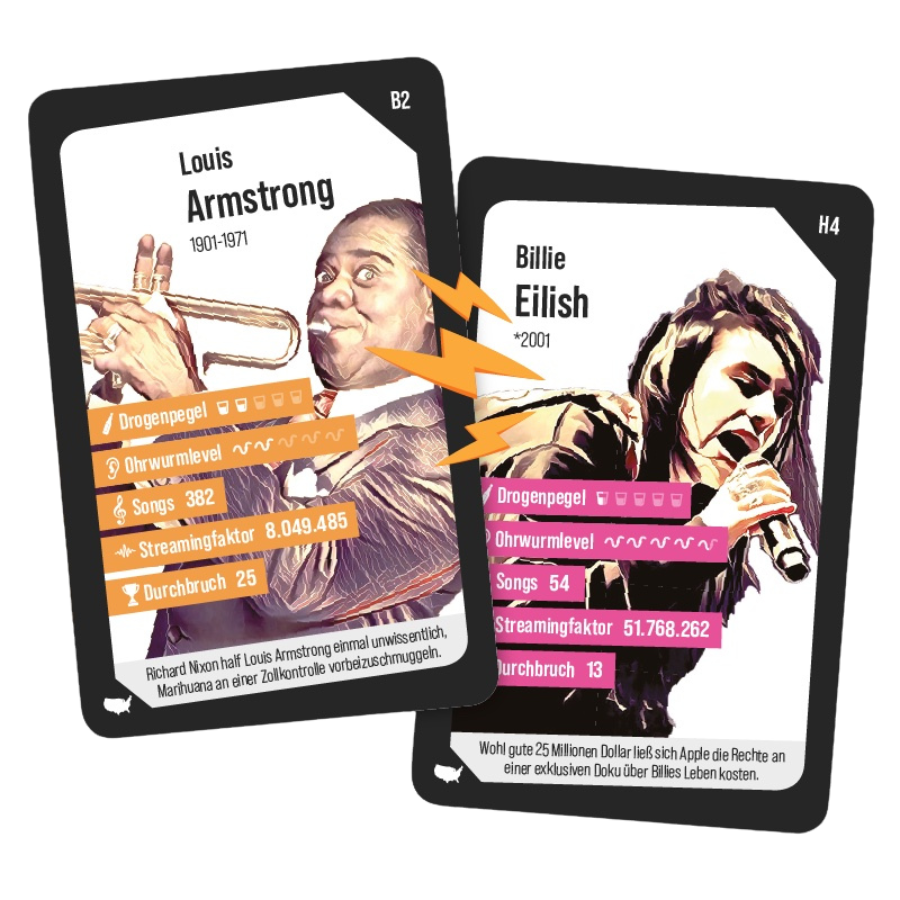 Musiklegenden-Quartett vom Katapult Verlag – Duell Louis Armstrong & Billie Eilish