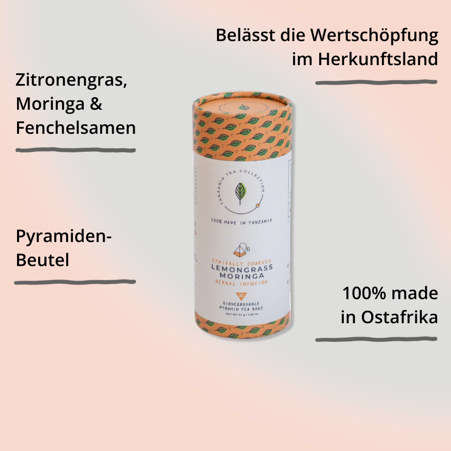 Kazi Yetu Tee Lemongrass Moringa von vorne und oben mit Impact