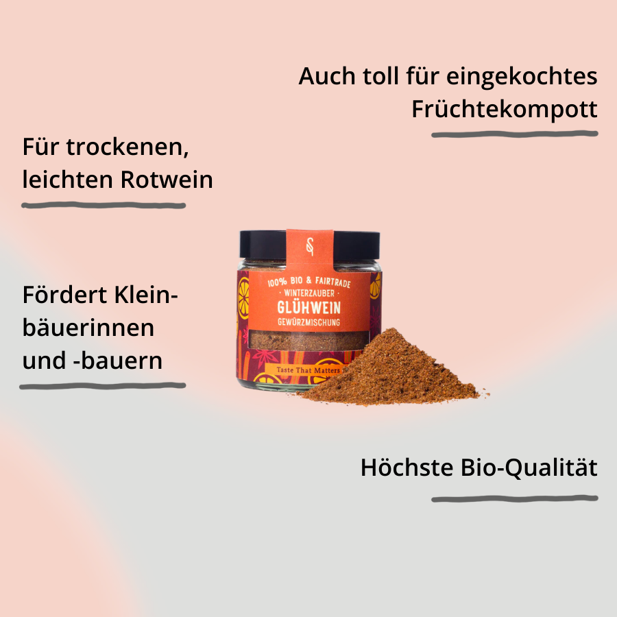 Glühwein Mischung in Glasverpackung mit Gewürzhäufchen von vorne mit Impact