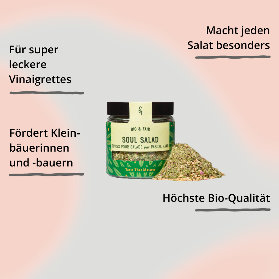 Soul Salad in Glasverpackung mit Gewürzhäufchen von vorne mit Impact