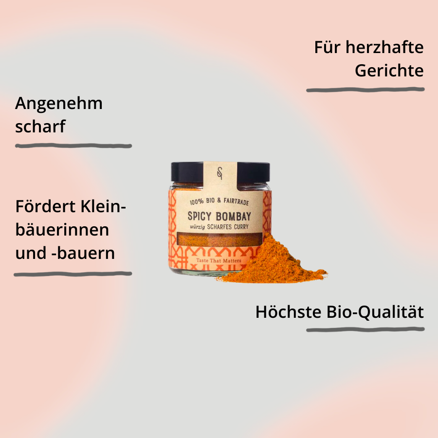 Spicy Bombay in Glasverpackung mit Gewürzhäufchen von vorne mit Impact