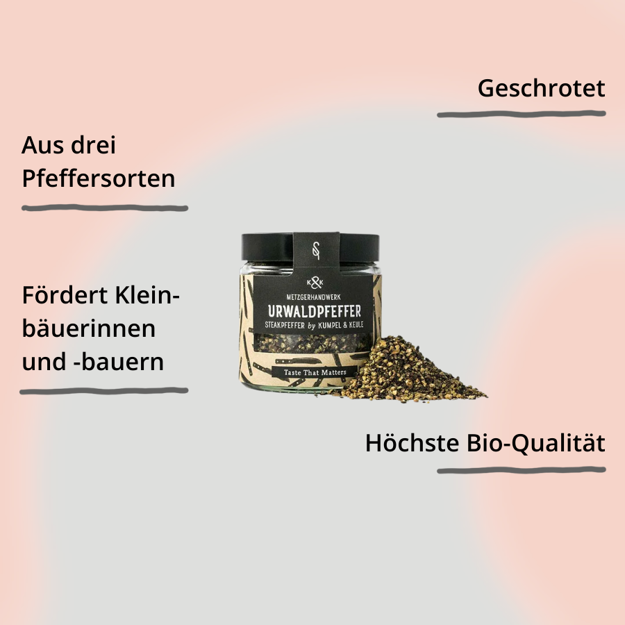 Steakpfeffer in Glasverpackung mit Gewürzhäufchen von vorne mit Impact