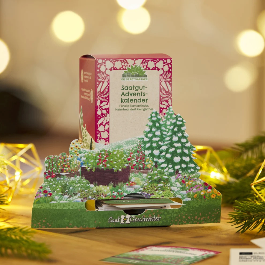 Saatgut-Adventskalender von Die Stadtgärtner mit weihnachtlicher Beleuchtung