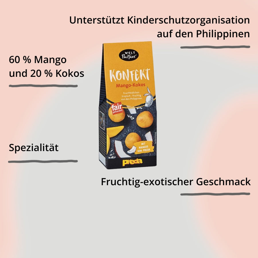 Mango Kokos Konfekt von WeltPartner – Verpackung von vorne mit Impact