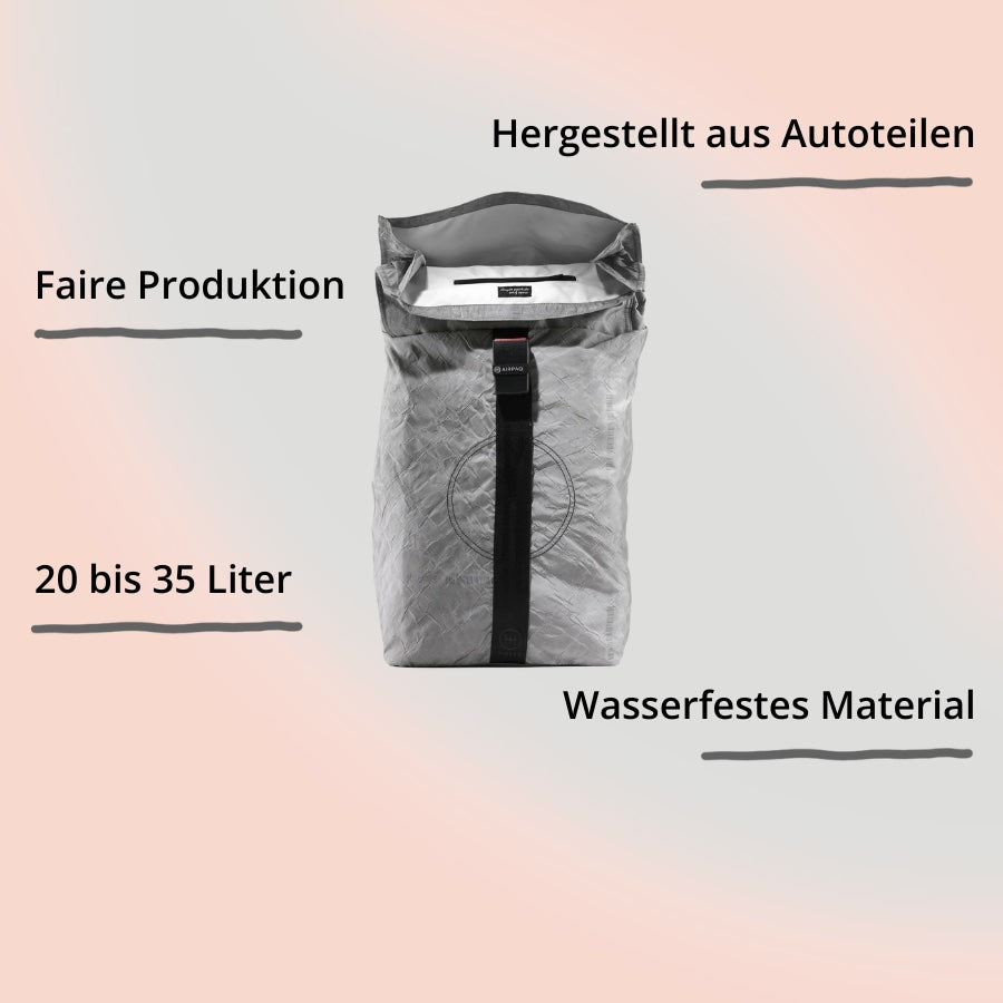 Rolltop Biq von airpaq – grau von vorne, geöffnet mit Impact