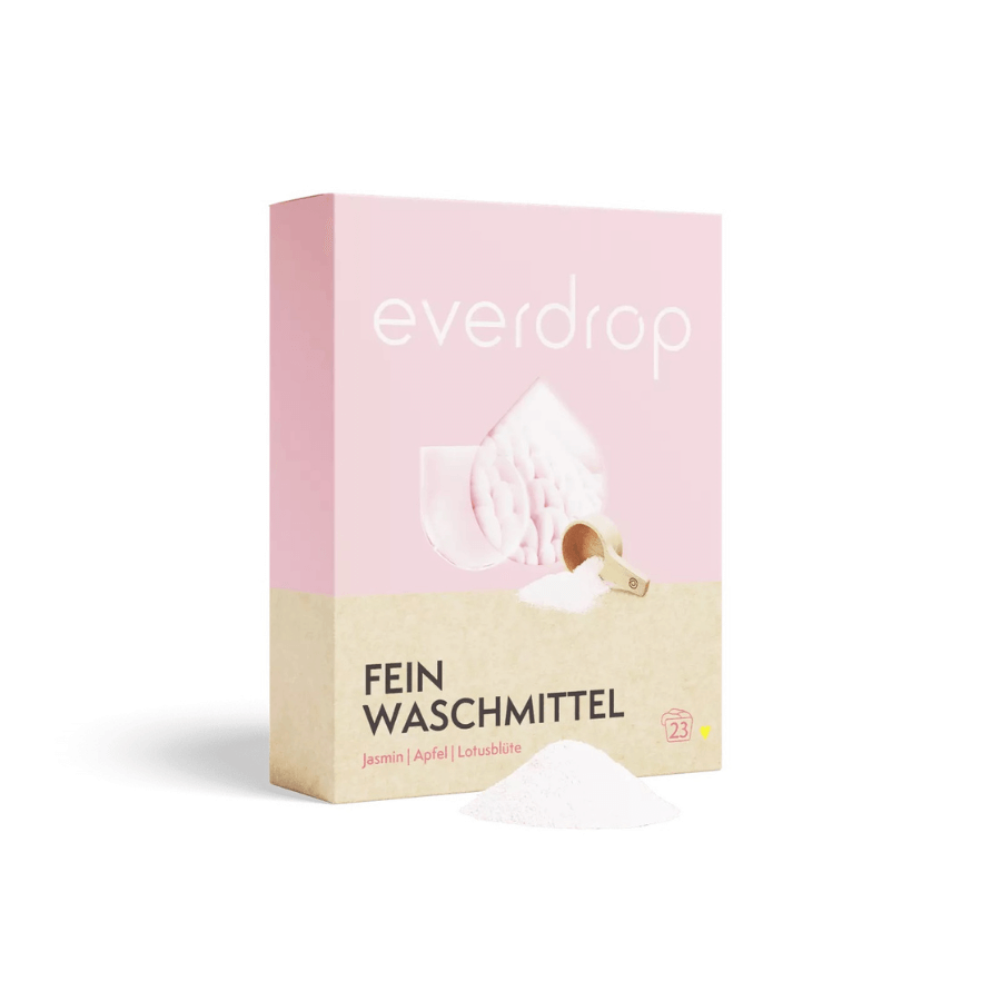 Feinwaschmittel von everdrop – Verpackung von vorne mit Wascmittelhäufchen