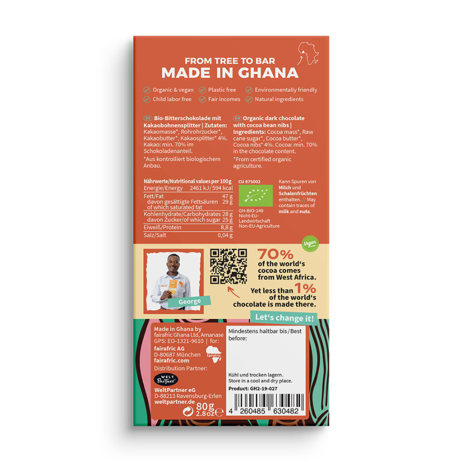 faiafric Schokolade 70% mit Kakaonibs Verpackung von hinten