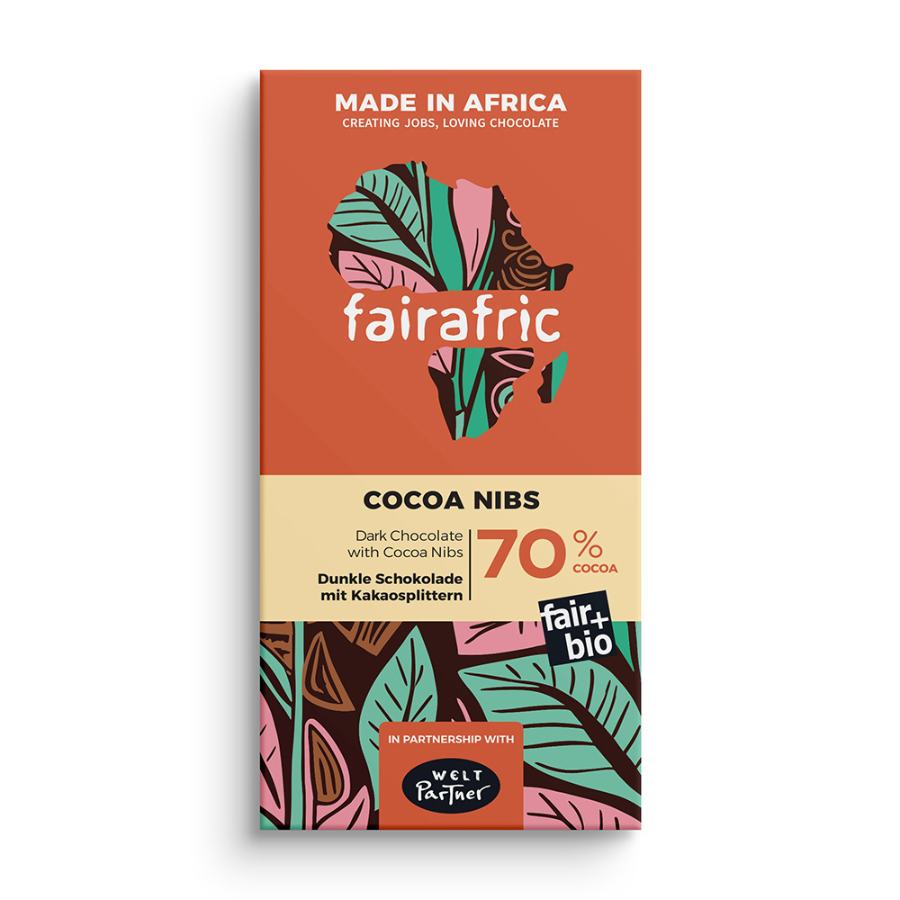 faiafric Schokolade 70% mit Kakaonibs Verpackung von vorne