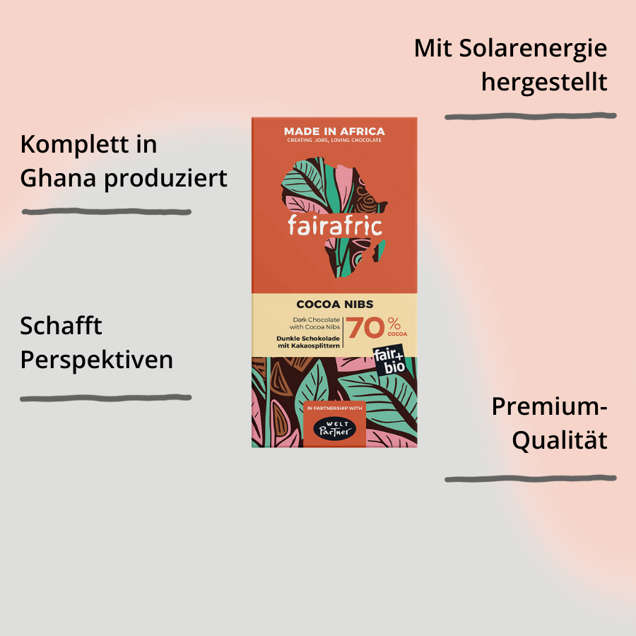 faiafric Schokolade 70% mit Kakaonibs Verpackung von vorne mit Impact