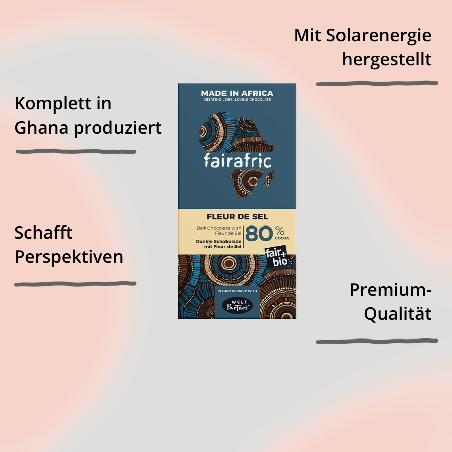 fairafric Schokolade 80% fleur de sel Verpackung – Verpackung von vorne mit Impact