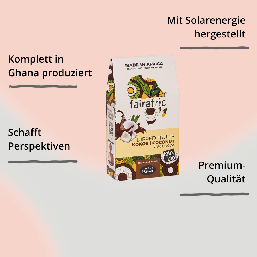 fairafric – Dipped Fruits Kokos – Verpackung von vorne mit Impact