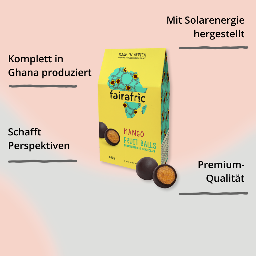 fairafric Fruit Balls Mango Verpackung mit Impact