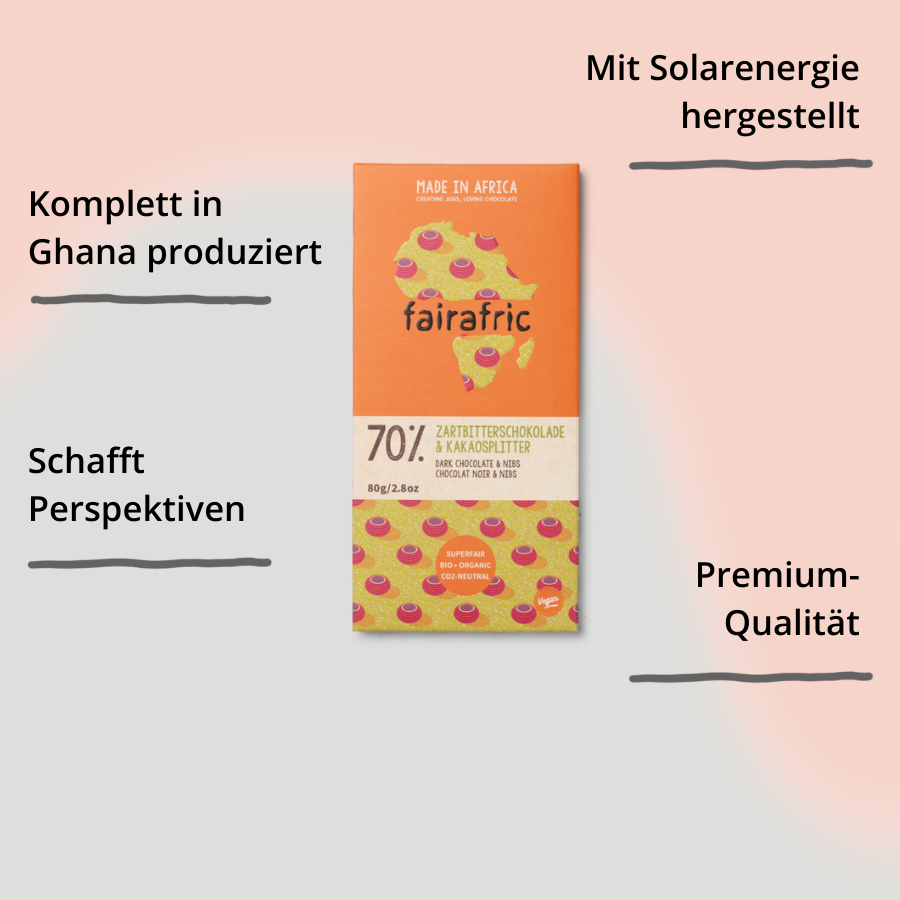 faiafric Schokolade 70% mit Kakaonibs Verbackung mit Impact