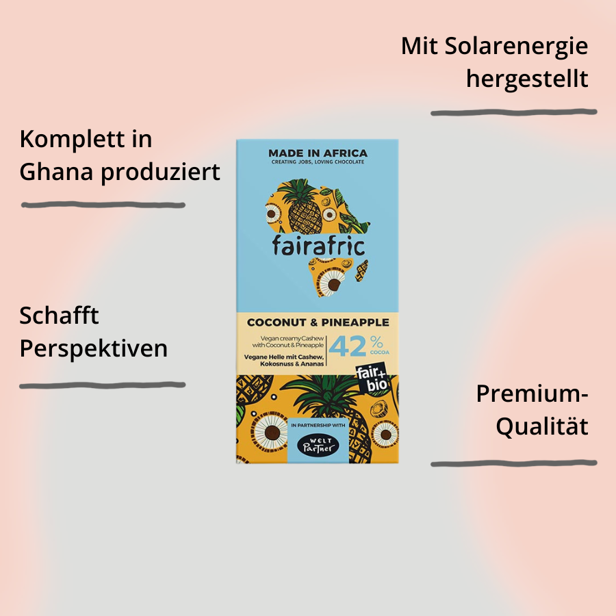 Vegane Helle mit Kokosnuss & Ananas (42%) von Fairafric – Verpackung mit Impact