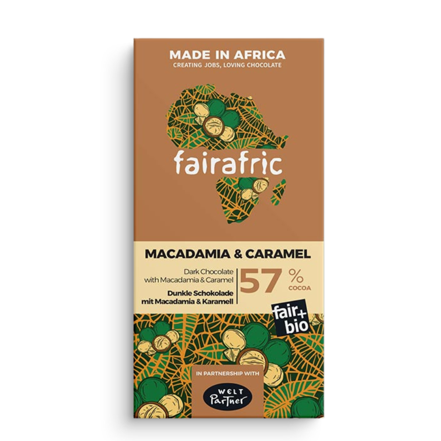 Zartbitter-Schokolade Macadamia & Karamell (57%) von fairafric
