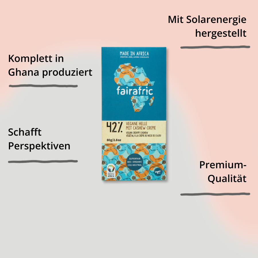 Vegane Helle Schokolade von fairafric – Verpackung mit Impact