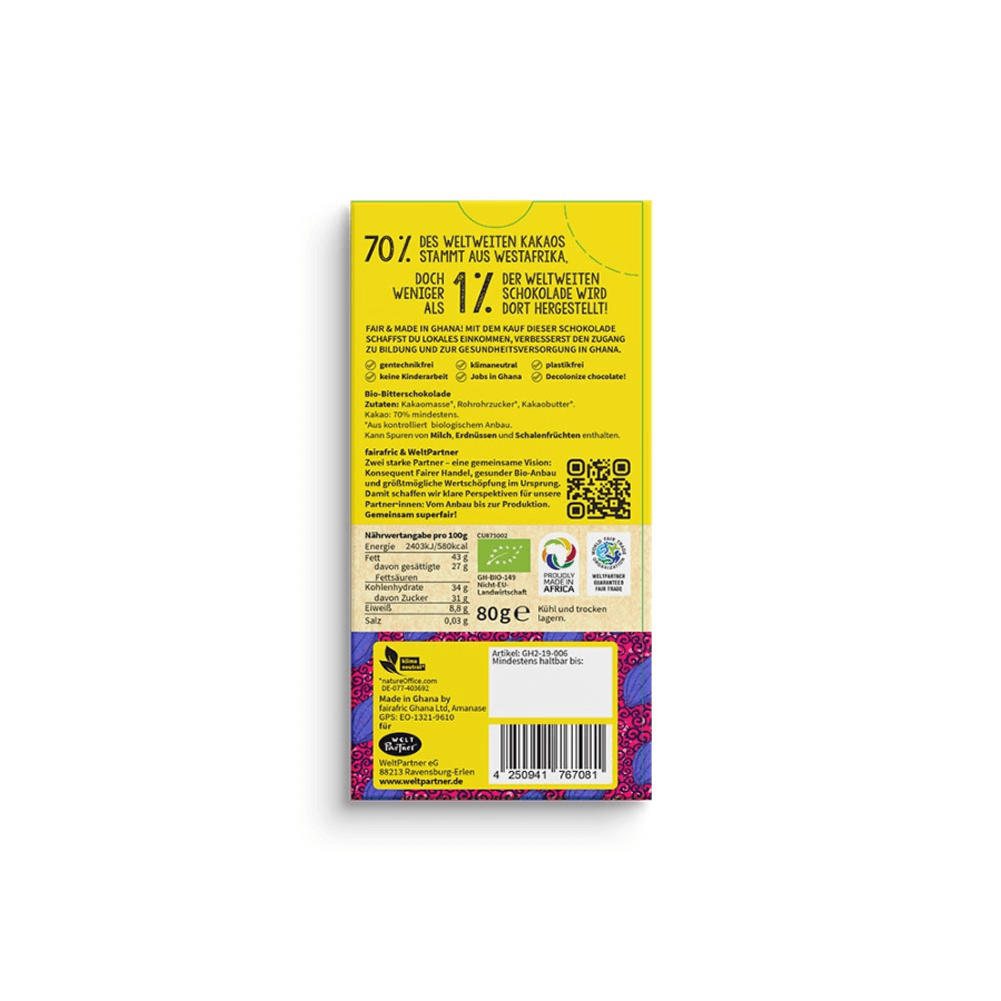 fairafric Schokolade 70% Verpackung von hinten