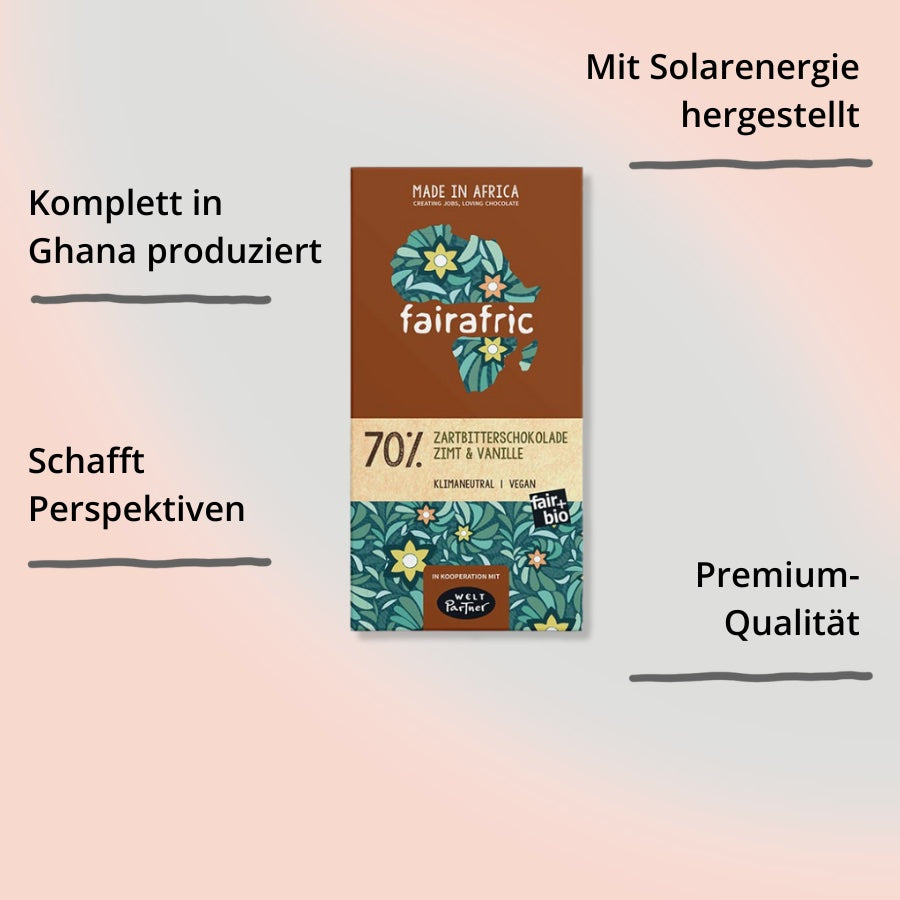 fairafric Zartbitterschokolade Zimt Vanille – Verpackung von vorne mit Impact