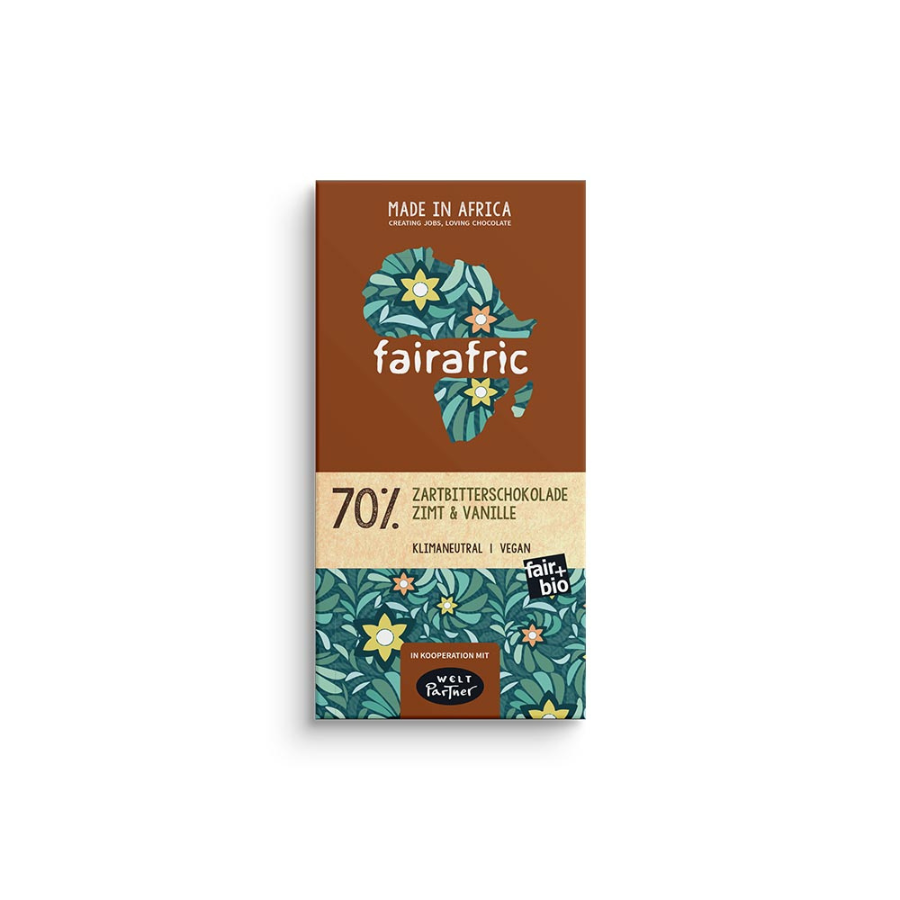 fairafric Zartbitterschokolade Zimt Vanille – Verpackung von vorne