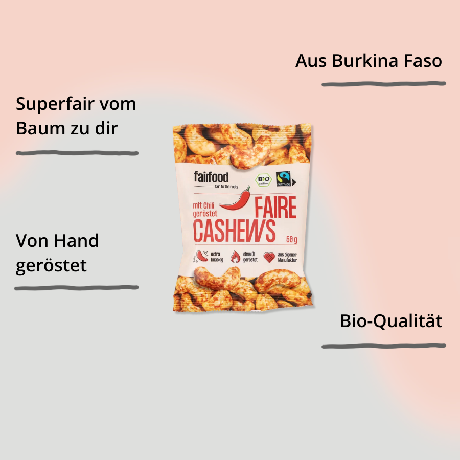 fairfood – Cashews mit Chili 50 g Tütchen mit Impact